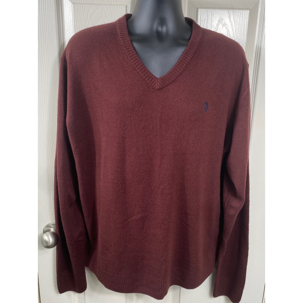 US Polo Assn Men's XL V-Neck Sweater Pullover Burgandy Classic Fit Casual Preppy